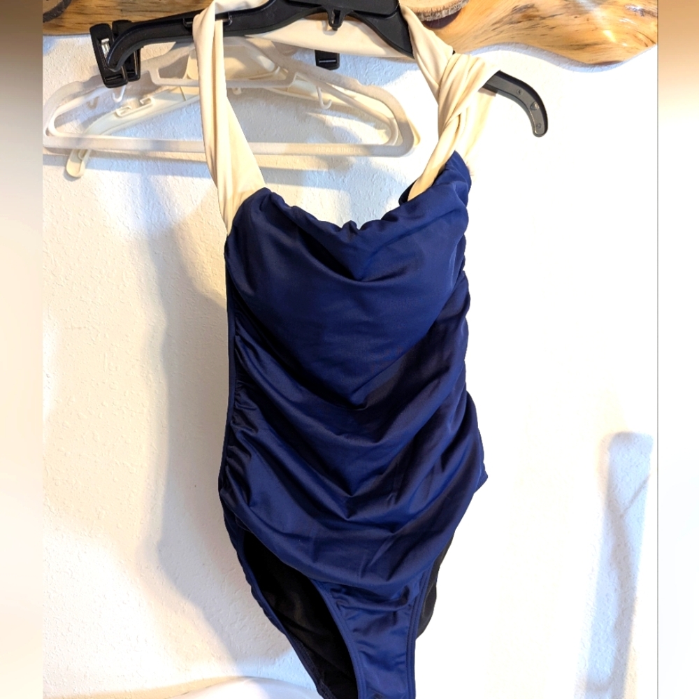 Venus Aphrodite One-Piece Blue & Tan Ruched Swimsuit Women's Size 8